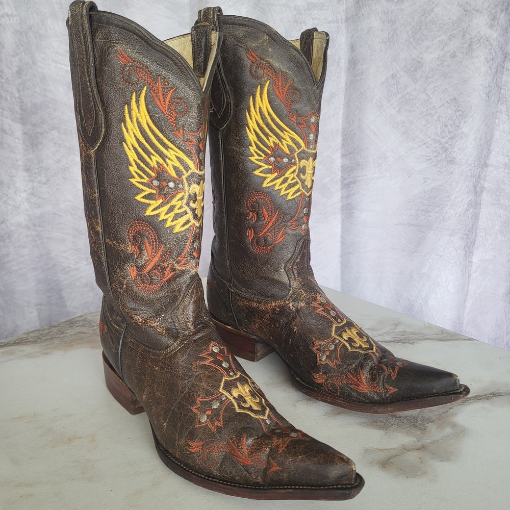 Carreta Distressed Cowboy Boots Men's Size 9 Brown Fleur De LYS Cross Wings Red